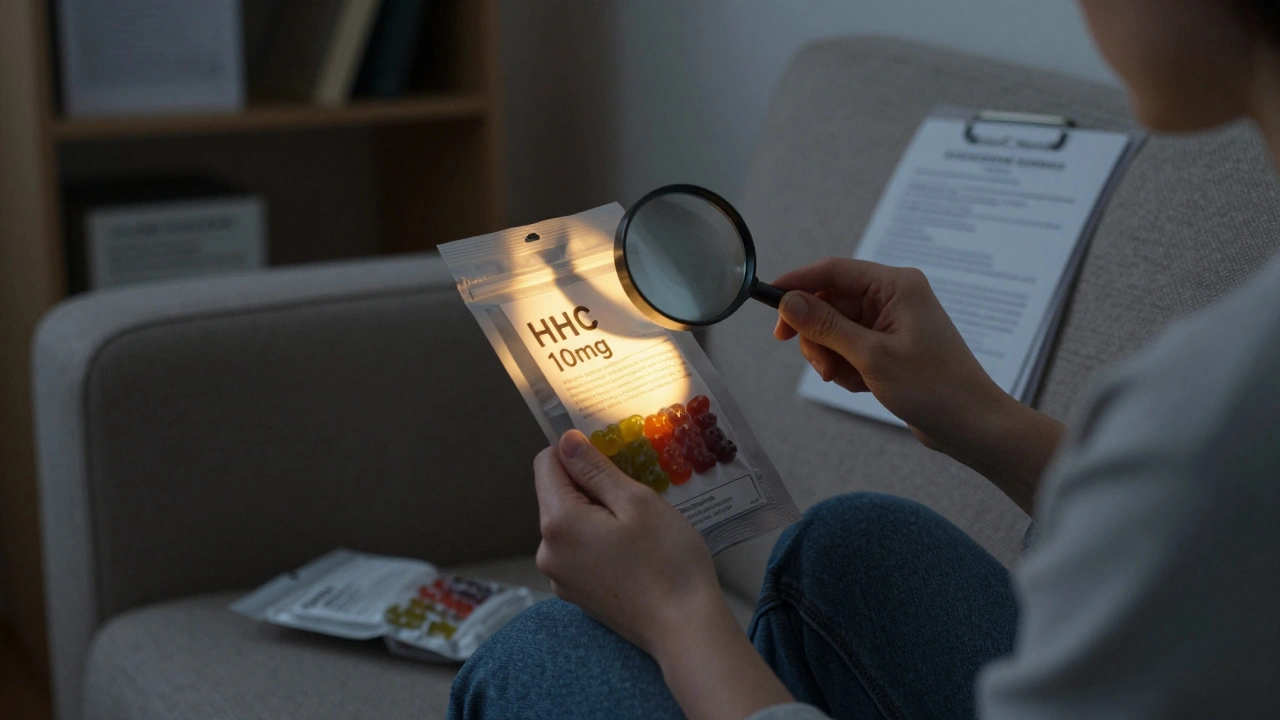 Person liest Zutatenliste eines HHC-Gummibärchens mit Lupe, CBD-Packung daneben, abendliches Licht, ruhige Stimmung.