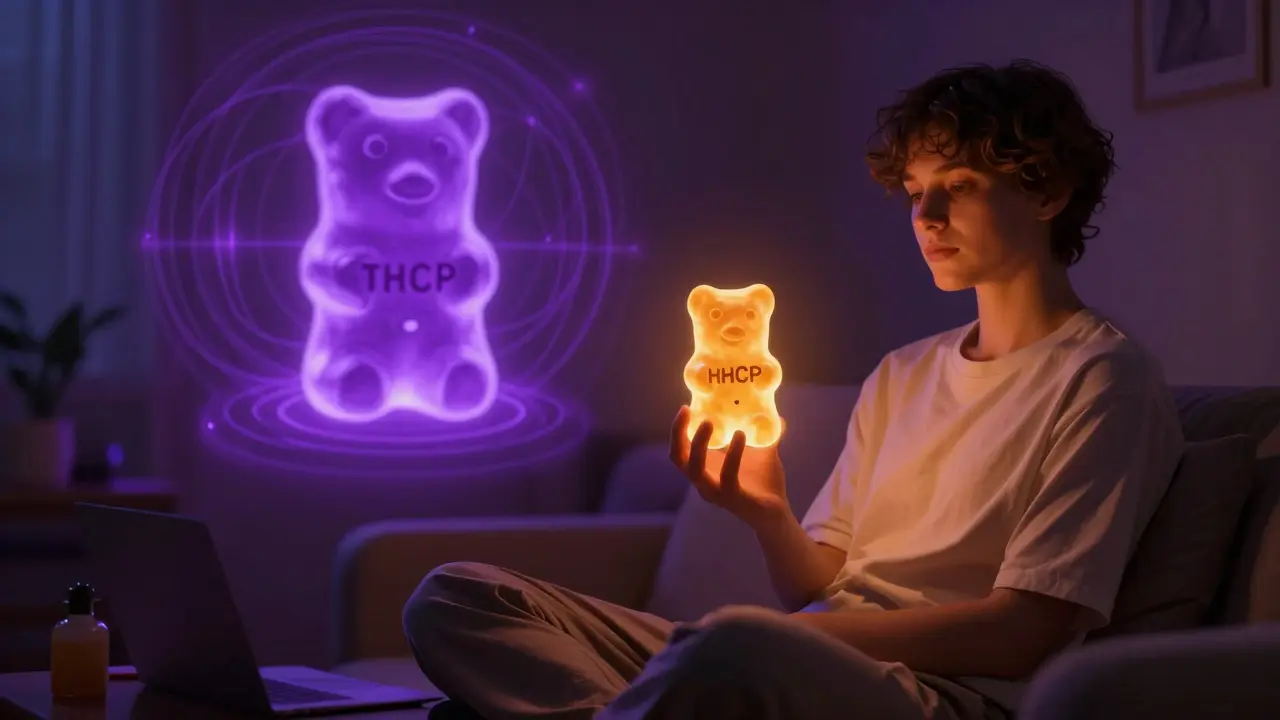 Person mit HHCP-Gummibärchen in ruhiger Umgebung, während THCP in der Ferne intensive Lichteffekte erzeugt.