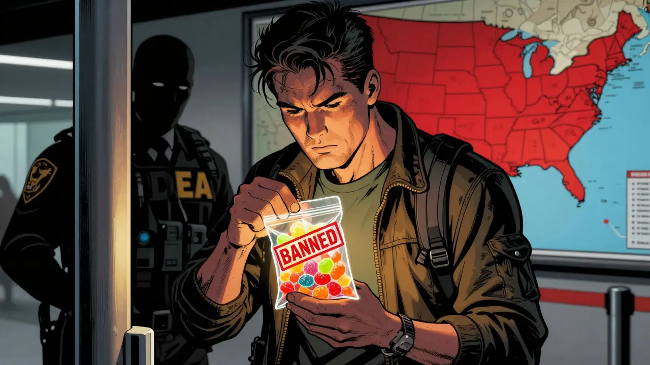 Reisender mit THC-Gummis am Flughafen, roter &#039;Verboten&#039;-Stempel über der Packung.