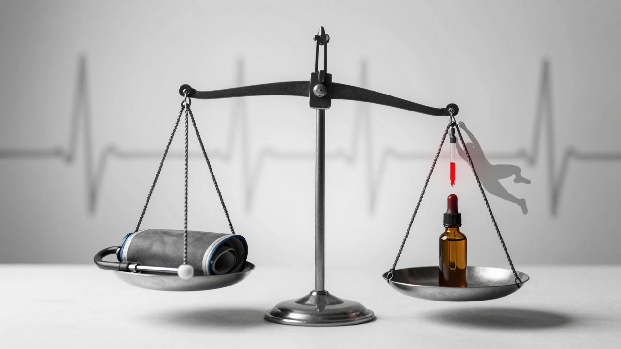 Symbolische Waage mit CBD-Öl und medizinischem Gerät, Schatten einer fallenden Person.