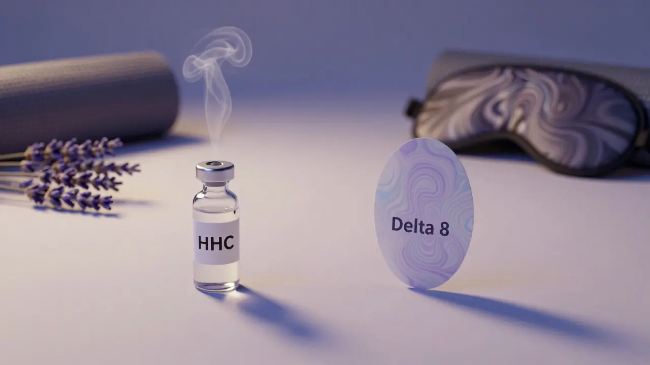 Symbolische Waage mit HHC und Delta 8, umgeben von Naturelementen, repräsentiert unterschiedliche Wirkungen bei Angst.