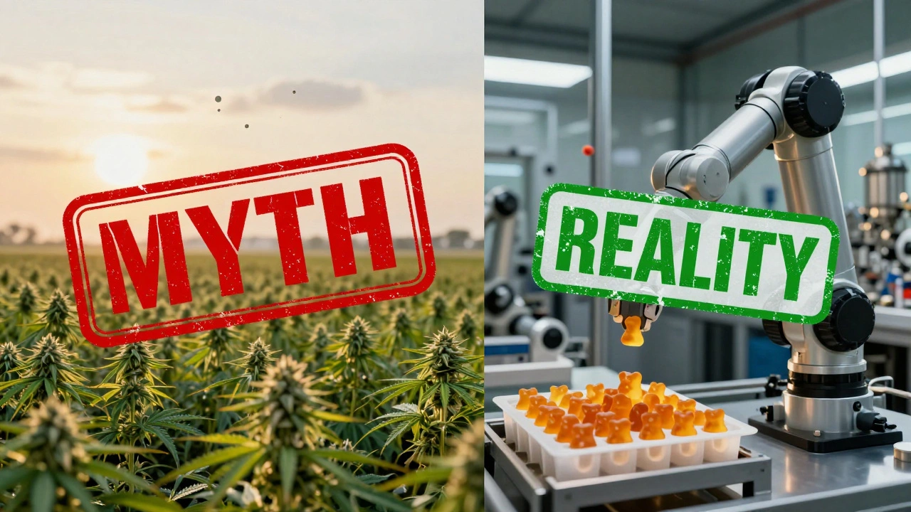 Vergleich: Hemp-Feld mit unsichtbarem THCP links, Labor mit Produktionsanlage rechts