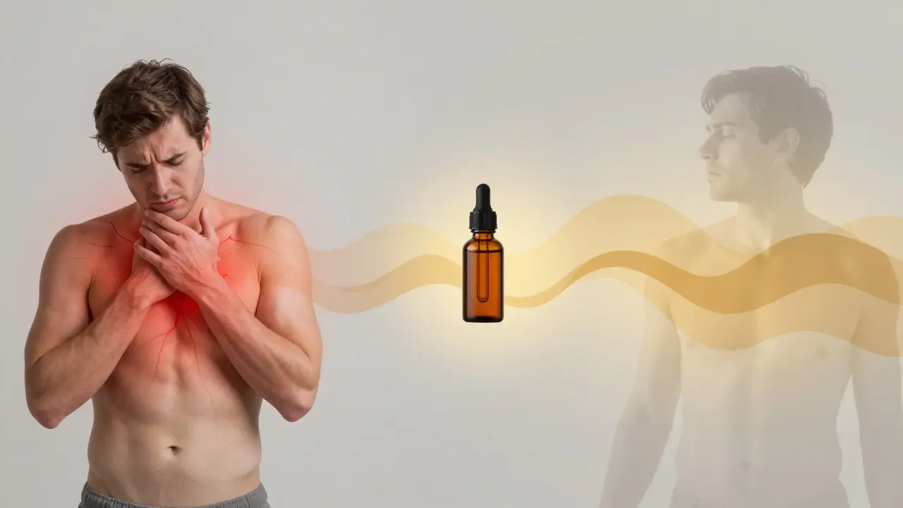 Vergleich: Schmerz mit dunklen Linien links, CBD-Beruhigung mit goldenen Wellen rechts.