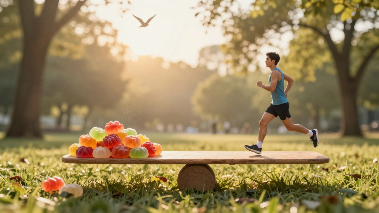 Waage mit Gummibärchen auf einer Seite, Person beim Joggen im Sonnenaufgang auf der anderen – echte Gesundheit gewinnt.