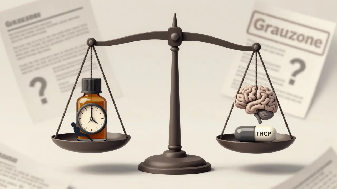 Waage mit HHCP und THCP, vergleichend mit Zeitangaben und abstrakten Gehirn- und Rechtsymbolen.