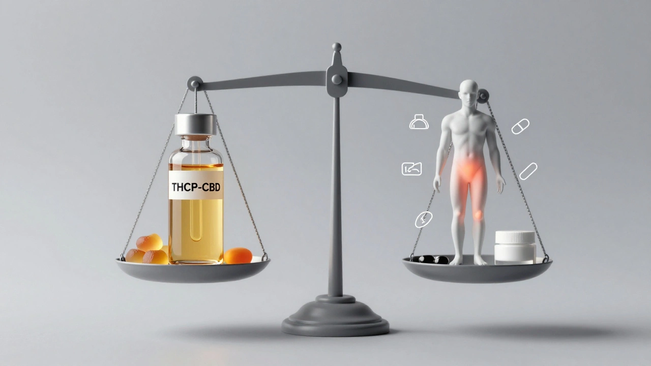 Waage mit THCP-CBD-Öl und einem gesunden Menschen als Symbol für entzündungshemmende Wirkung.