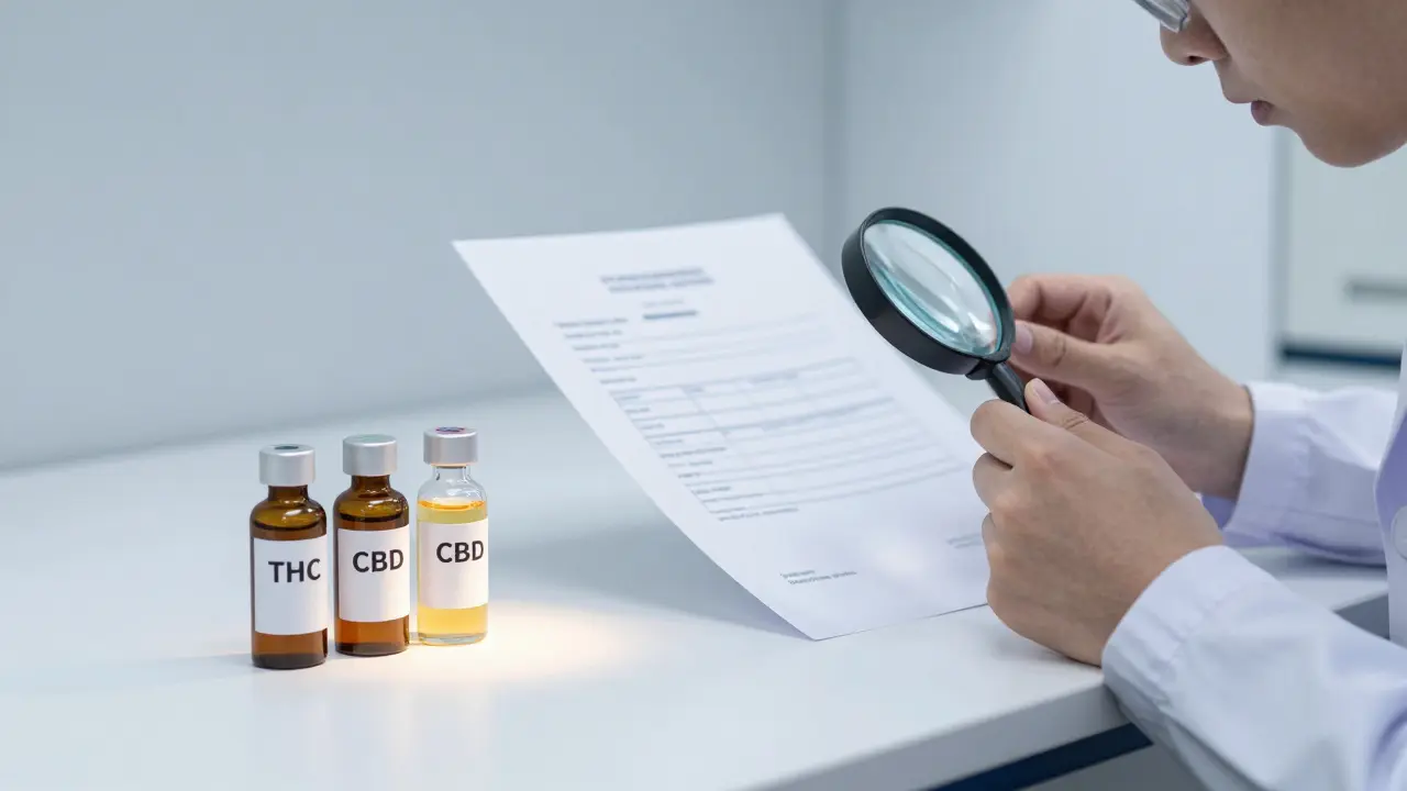 Wissenschaftler untersucht Laborzertifikat und Cannabinoid-Vials mit Fokus auf Dosierung