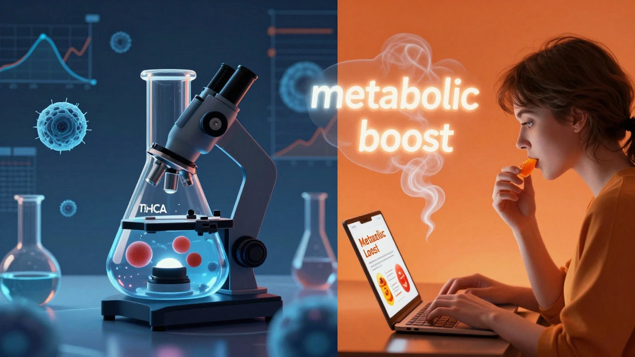 Zwei Seiten: links ein Labor mit THCA-Molekülen, rechts eine Person mit Werbeanzeigen für Abnehmen – Wissenschaft vs. Hype.