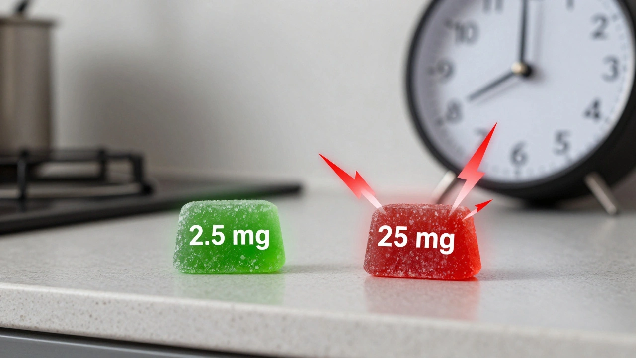 Zwei THC-Gummis mit unterschiedlichen Dosen, eine mit sanftem Grün, die andere mit gefährlichen roten Blitzen.