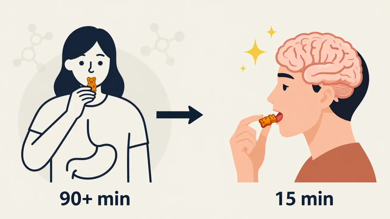 Zwei Wege der Wirkung: einmal nach einer Mahlzeit, einmal unter der Zunge — visueller Vergleich der Aufnahmezeiten.