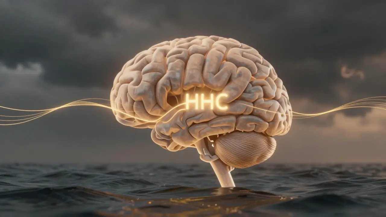 Abstract brain with gently activated receptors and calming waves, symbolizing stress relief from HHC.