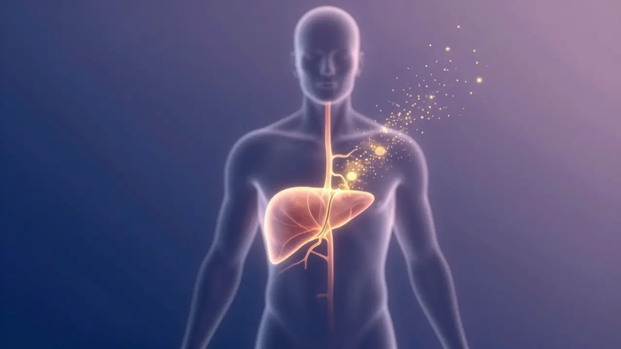 Abstrakte Darstellung der langsamen Freisetzung von CBD aus Fettzellen und Leber, goldenen Partikeln in sanften Wellen.