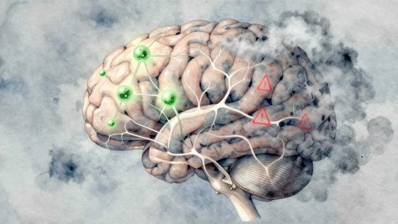Abstraktes Gehirn mit CBD-Molekülen auf einer Seite und nebligen Warnsymbolen auf der anderen.