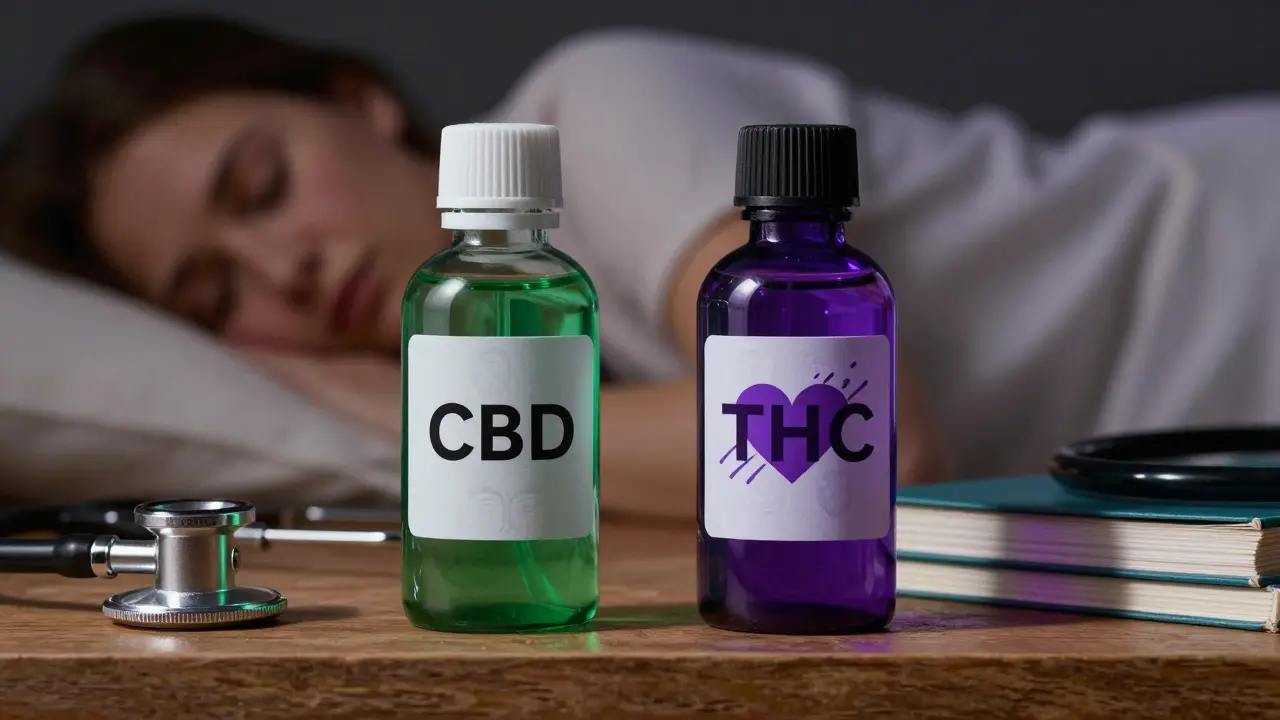 CBD- und THC-Flaschen im Vergleich: ruhig vs. chaotisch, mit medizinischem Hintergrund.