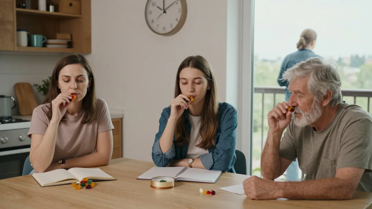 Drei Menschen in Alltagssituationen, jeweils mit Uhrzeiten nach Einnahme eines CBD-Gummis, ruhige Stimmung.