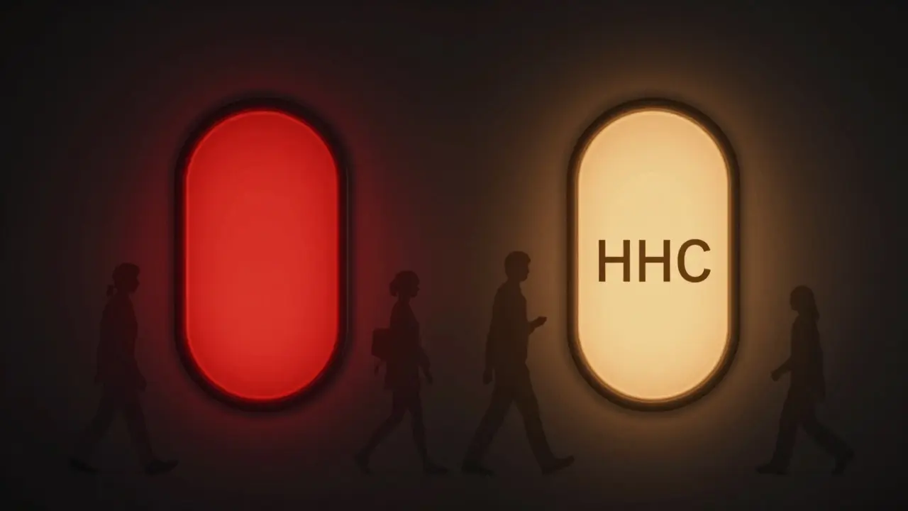 Ein Dimmer wechselt von intensivem Rot zu warmem Amber, symbolisiert den Übergang von intensivem Rausch zu ruhiger Wirkung.