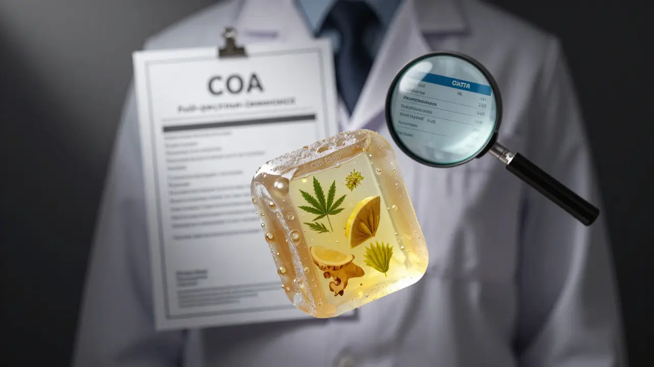 Ein durchscheinendes CBD-Gummi ist geschnitten, zeigt Öl und Pflanzenextrakte, dahinter ein Labordokument.