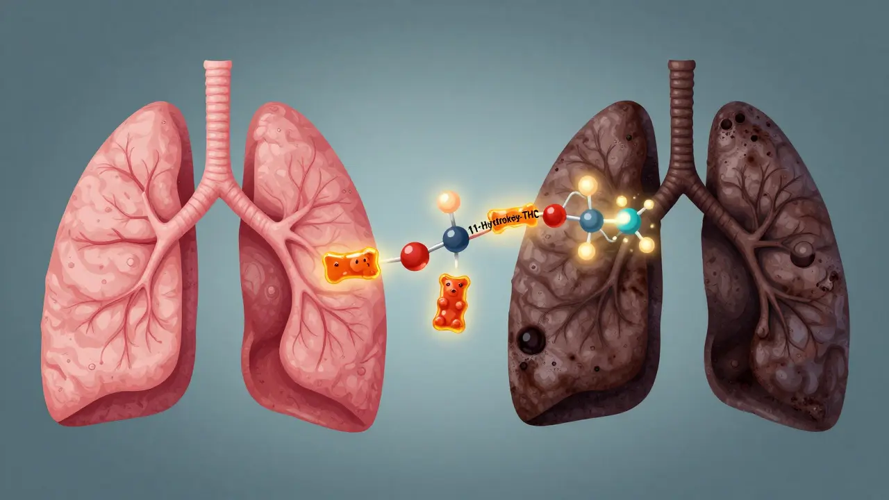 Ein gesundes Lungenpaar steht neben einer beschädigten Lunge, verbunden durch einen Pfad zu einer chemischen Umwandlung im Gehirn.