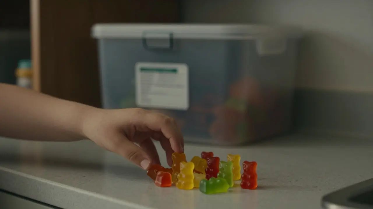 Ein Kind greift nach einem Gummibärchen auf der Theke, während eine verschlossene Aufbewahrungsbox im Hintergrund zu sehen ist.