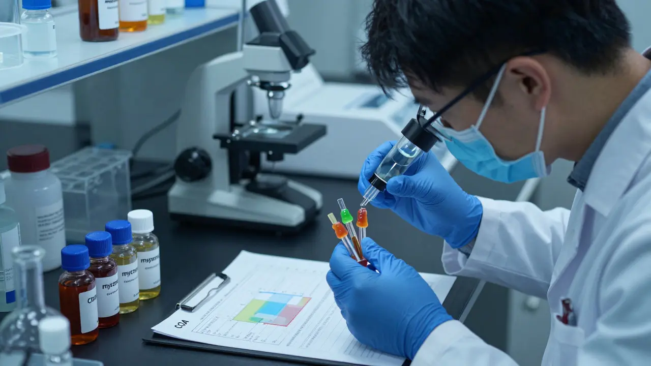 Ein Wissenschaftler untersucht CBD-Gummis und Terpene in einem Labor.