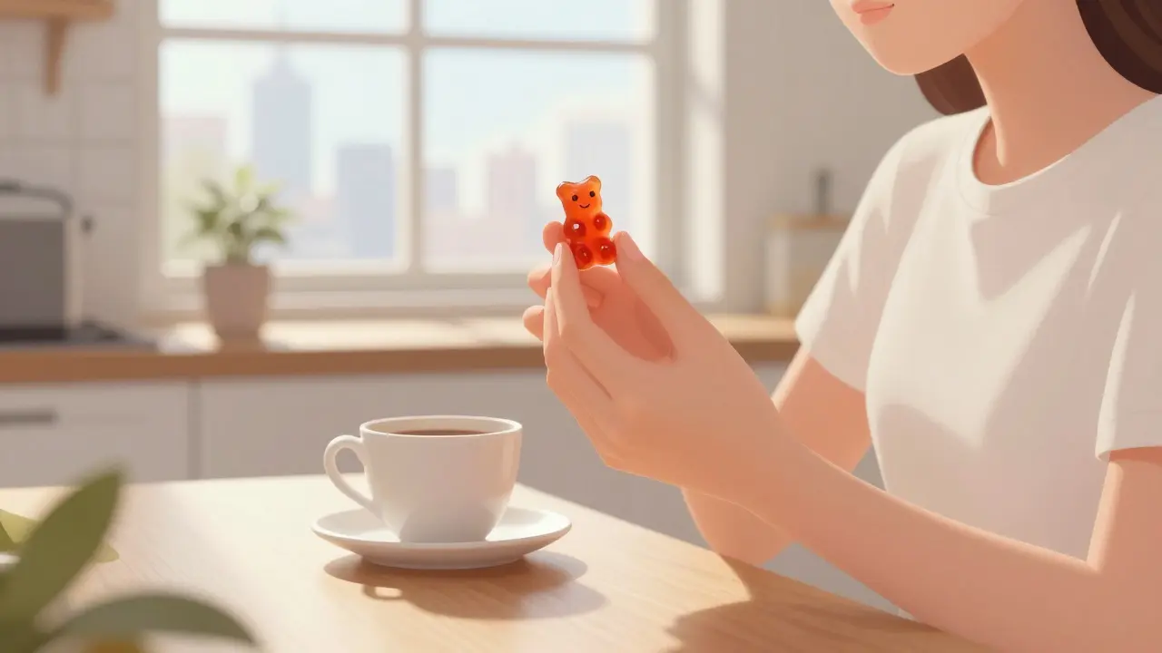 Eine Person isst morgens einen HHC-Gummibärchen und wirkt entspannt und klar in einem sonnigen Küchenraum.