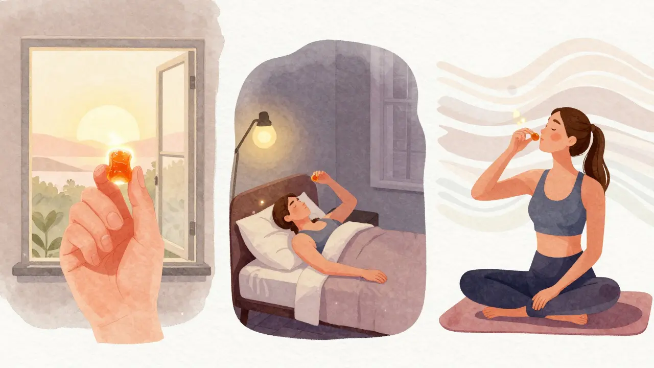 Eine Person nimmt CBD-Gummis morgens, abends und nach dem Training – ruhige, entspannte Szenen.