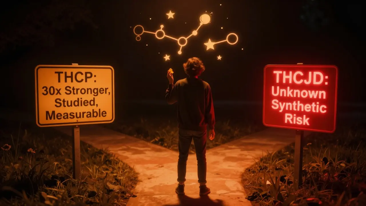 Eine Person vor zwei Wegen: einer gut beleuchteten, sicheren Route und einer dunklen, gefährlichen mit Warnzeichen.