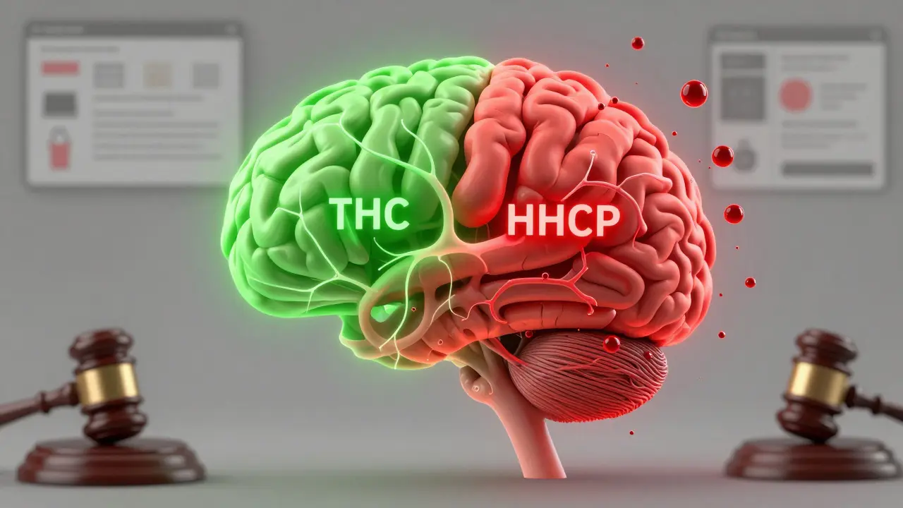 Gehirn mit zwei Wegen: ruhiger grüner THC-Pfad vs. chaotischer roter HHCP-Pfad mit Gifttropfen.
