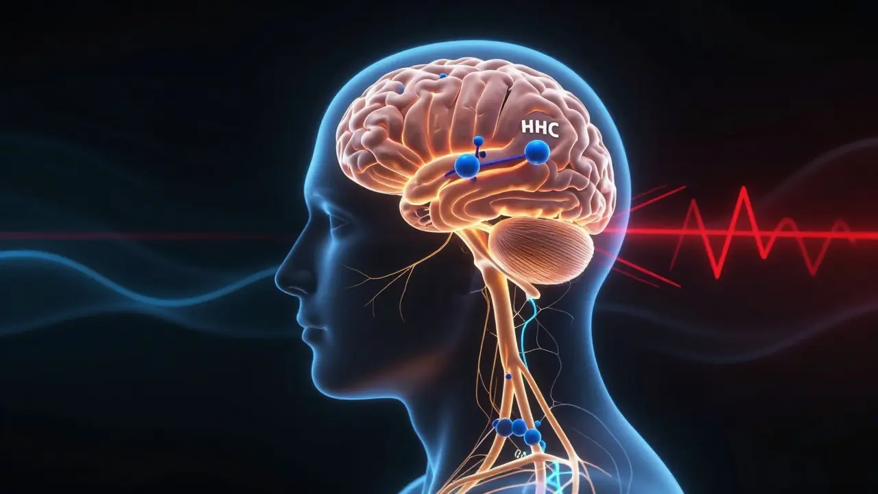 Glowendes Nervensystem mit HHC-Molekülen, die Schmerzsignale dämpfen — wissenschaftlich-ästhetisch dargestellt.