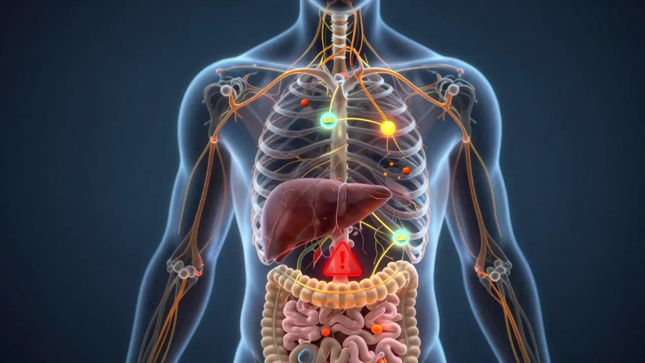 Körpersilhouette mit biochemischen Pfaden von CBD, Serotonin und Leber-Wechselwirkungen.