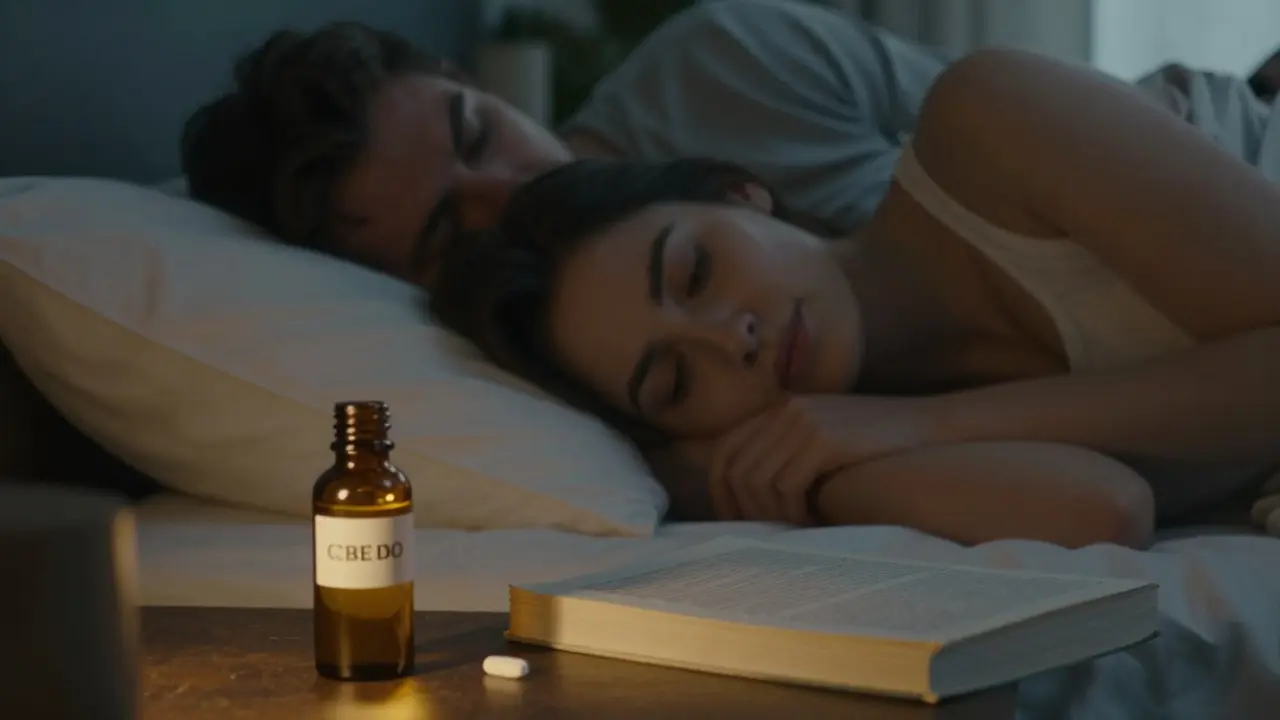 Paar in entspannter Nähe, CBD-Flasche und Viagra-Pille als symbolische Begleiter.