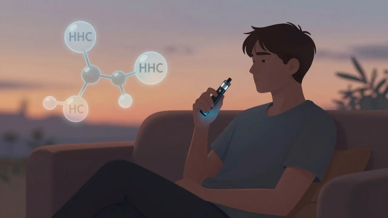 Person entspannt mit Vape-Pen bei Dämmerung, molekulare Strukturen schweben um sie herum