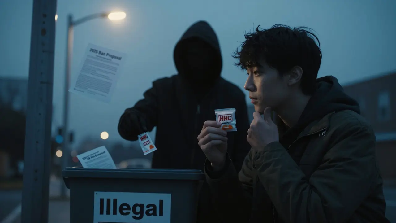 Person hält HHC-Päckchen unter Straßenlampe, während Delta-9-THC-Mittel in den Müll geworfen wird.