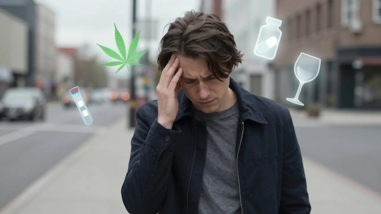 Person mit verwirrtem Ausdruck, umgeben von schwebenden Symbolen für CBD, Medikamente und Alkohol.