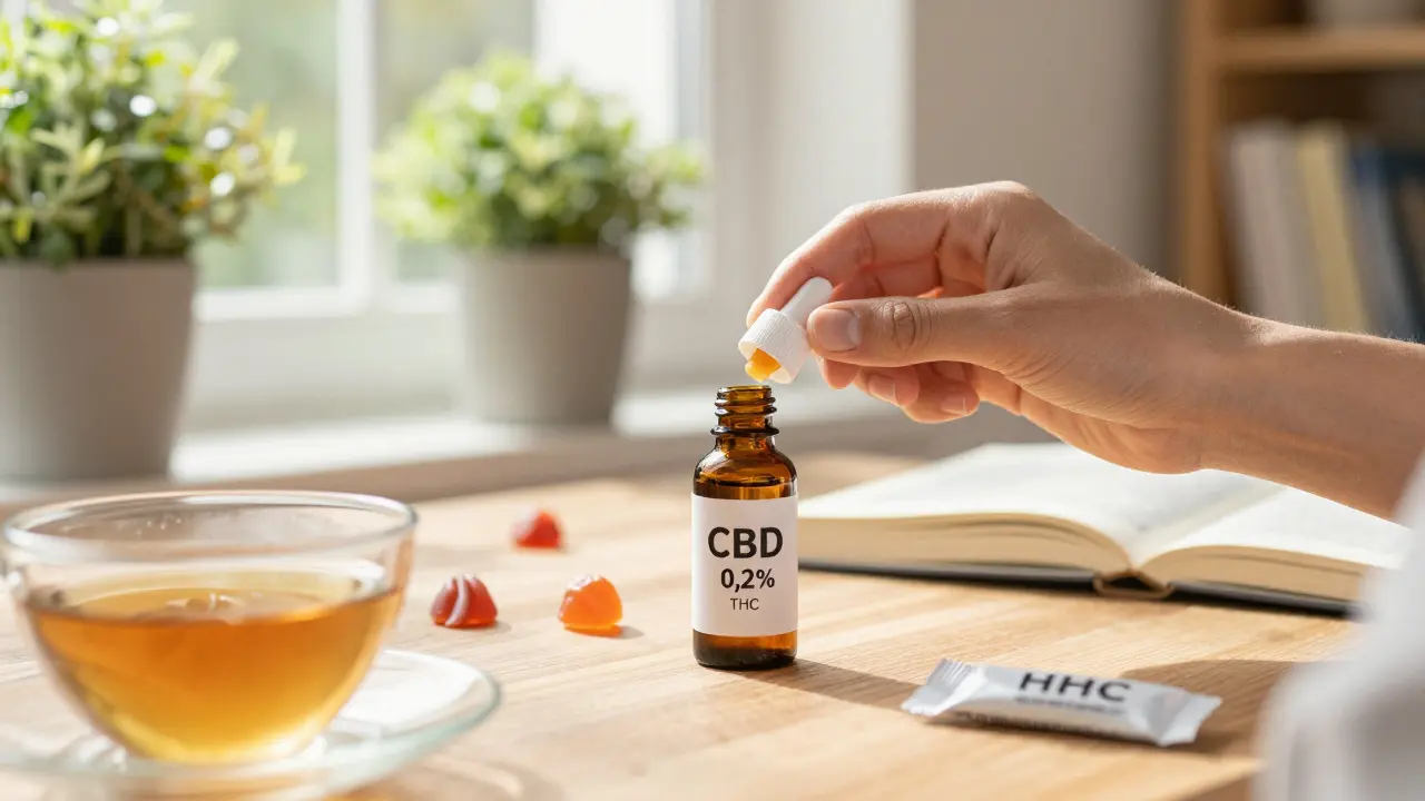 Person verwendet legalen CBD-Tropfen zu Hause mit klarem Etikett und beruhigender Atmosphäre.