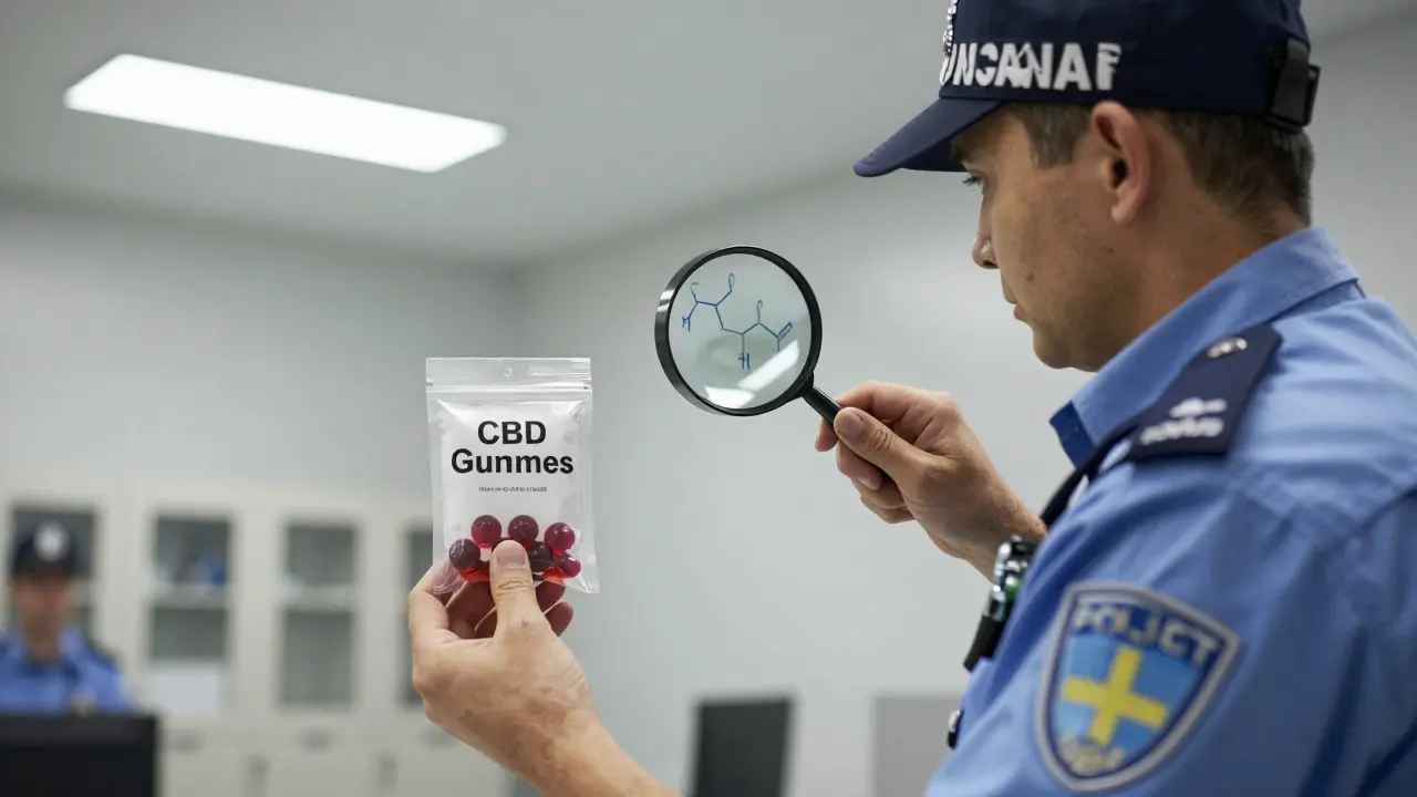 Polizist untersucht mit Lupe versteckte THCP-Moleküle unter einer CBD-Verpackung
