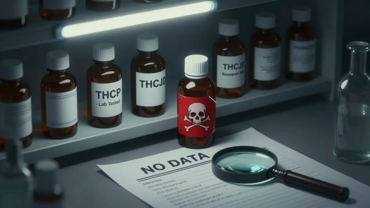 Regal mit Cannabinoid-Flaschen, eine mit rotem Warnaufkleber, der ein Totenkopf-Symbol enthüllt, in düsterer Apothekenatmosphäre.