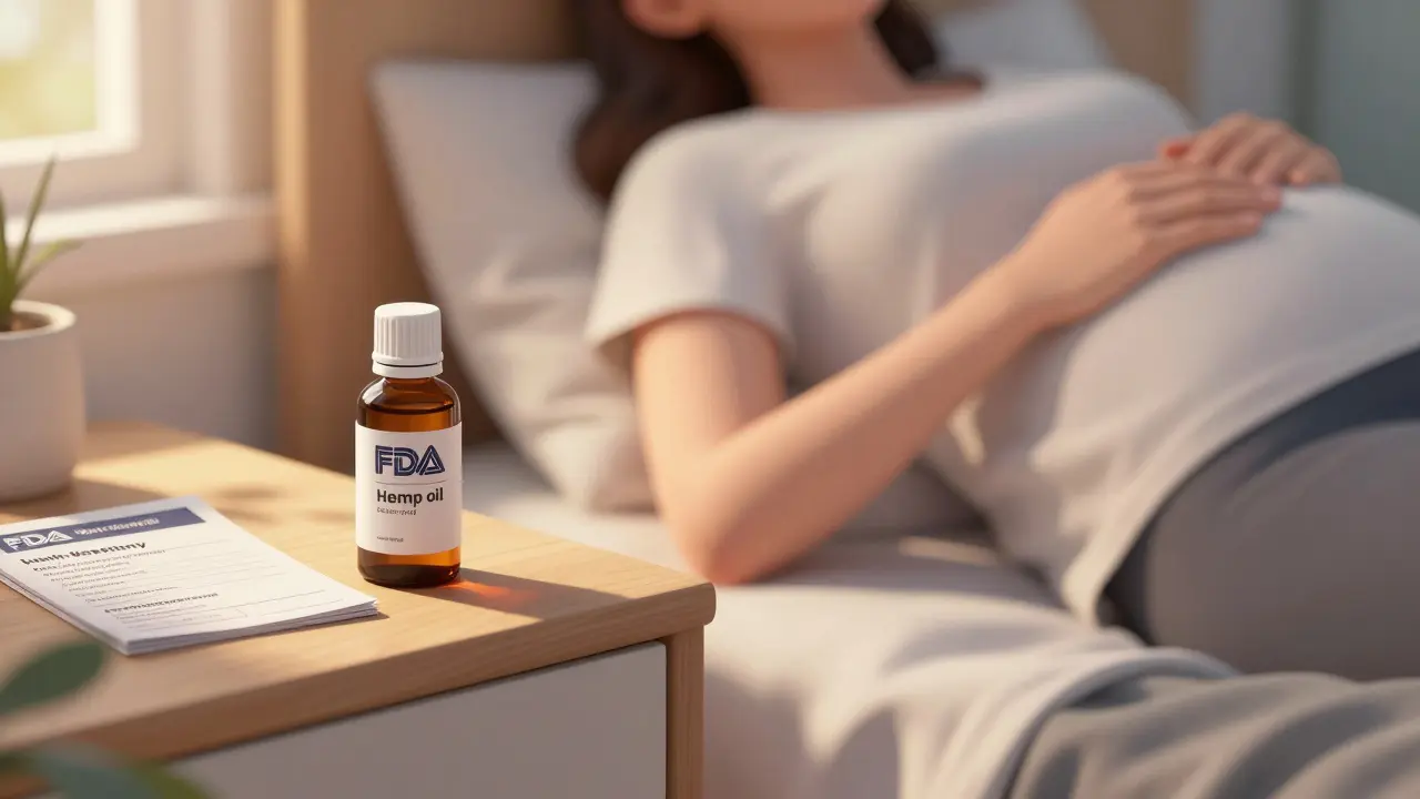 Schwangere Frau in Schlafzimmer, Hanföl-Flasche unberührt neben Warnhinweis.