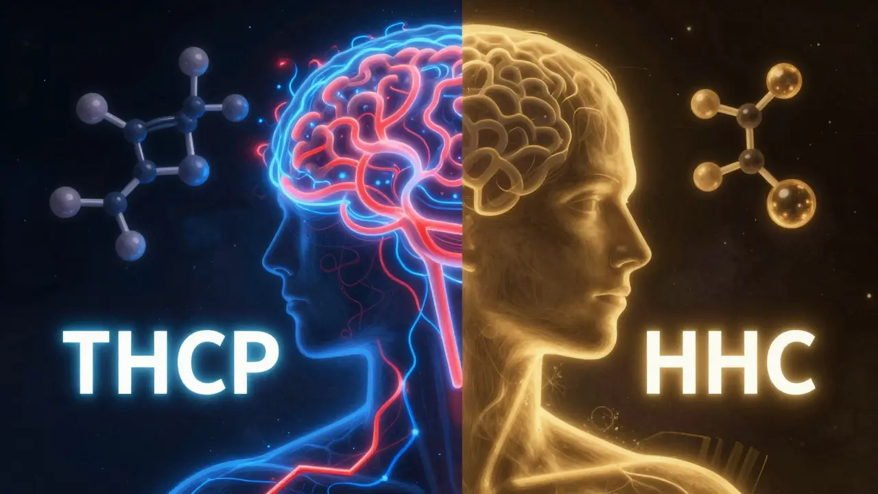 Silhouette mit unterschiedlichen neurologischen Lichtmustern: intensive Blitze für THCP, sanftes Leuchten für HHC.