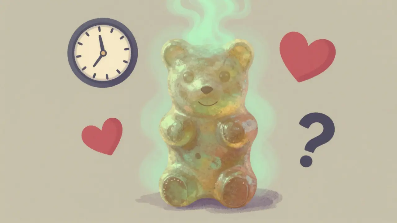 Surreale Veränderung eines Gummibärchens mit grünem Nebel und Warnsymbolen.