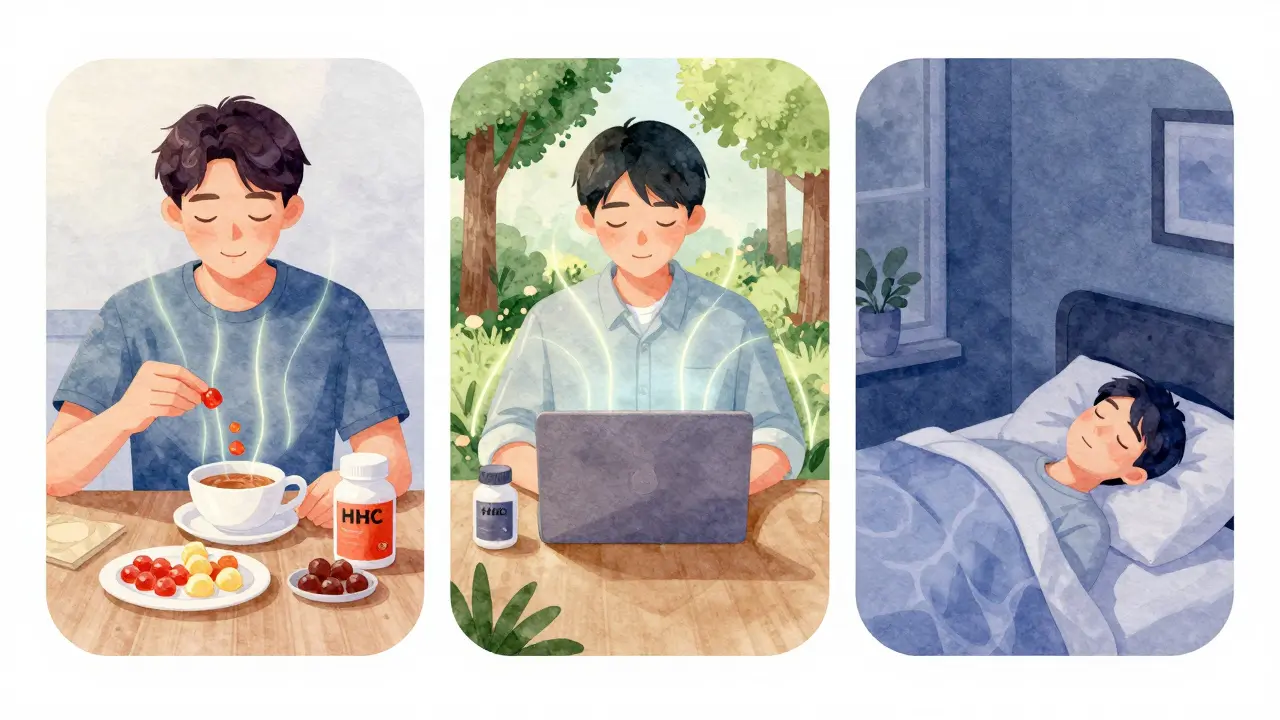 Three people experiencing calm moments with HHC during daily routines: morning, evening, and night.