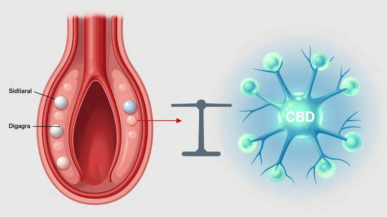 Vergleich der Wirkmechanismen: Viagra erweitert Blutgefäße, CBD beruhigt das Nervensystem.