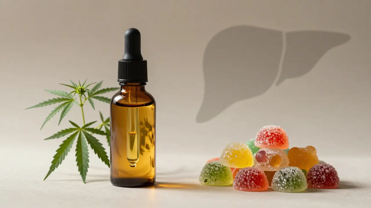Vergleich von reinem CBD-Öl und CBD-Gummibärchen mit Zucker und künstlichen Zusätzen.