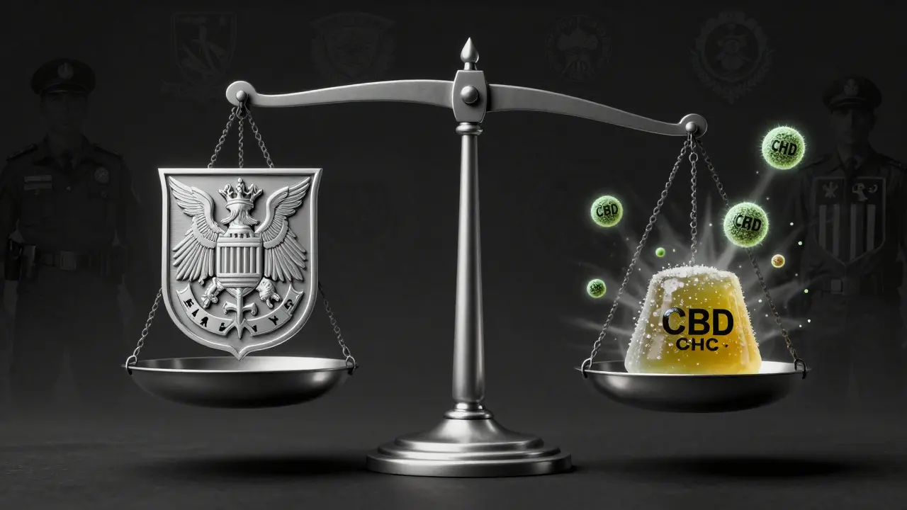 Waage mit Bundesabzeichen und CBD-Gummibärchen, umgeben von THC-Molekülen.