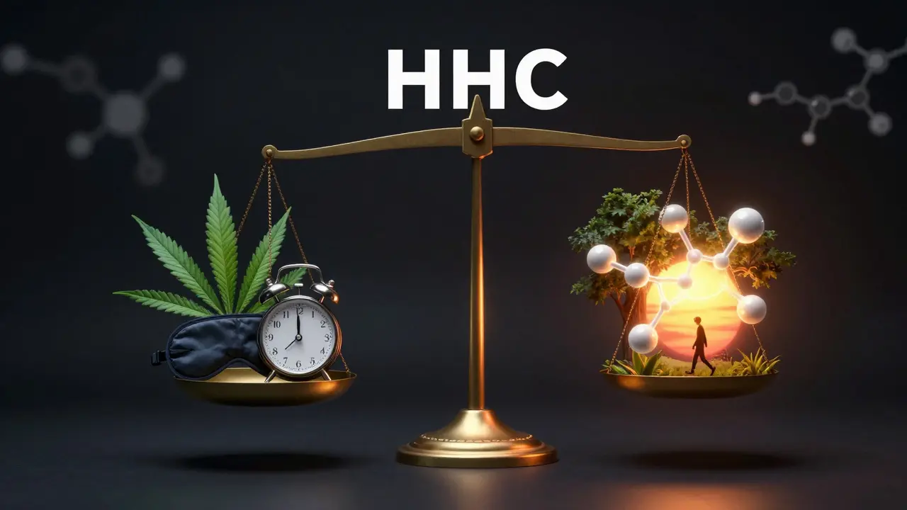 Waage mit CBD und HHC-Symbolen: Blatt, Schlafmaske vs. Molekül, Sonnenuntergang.