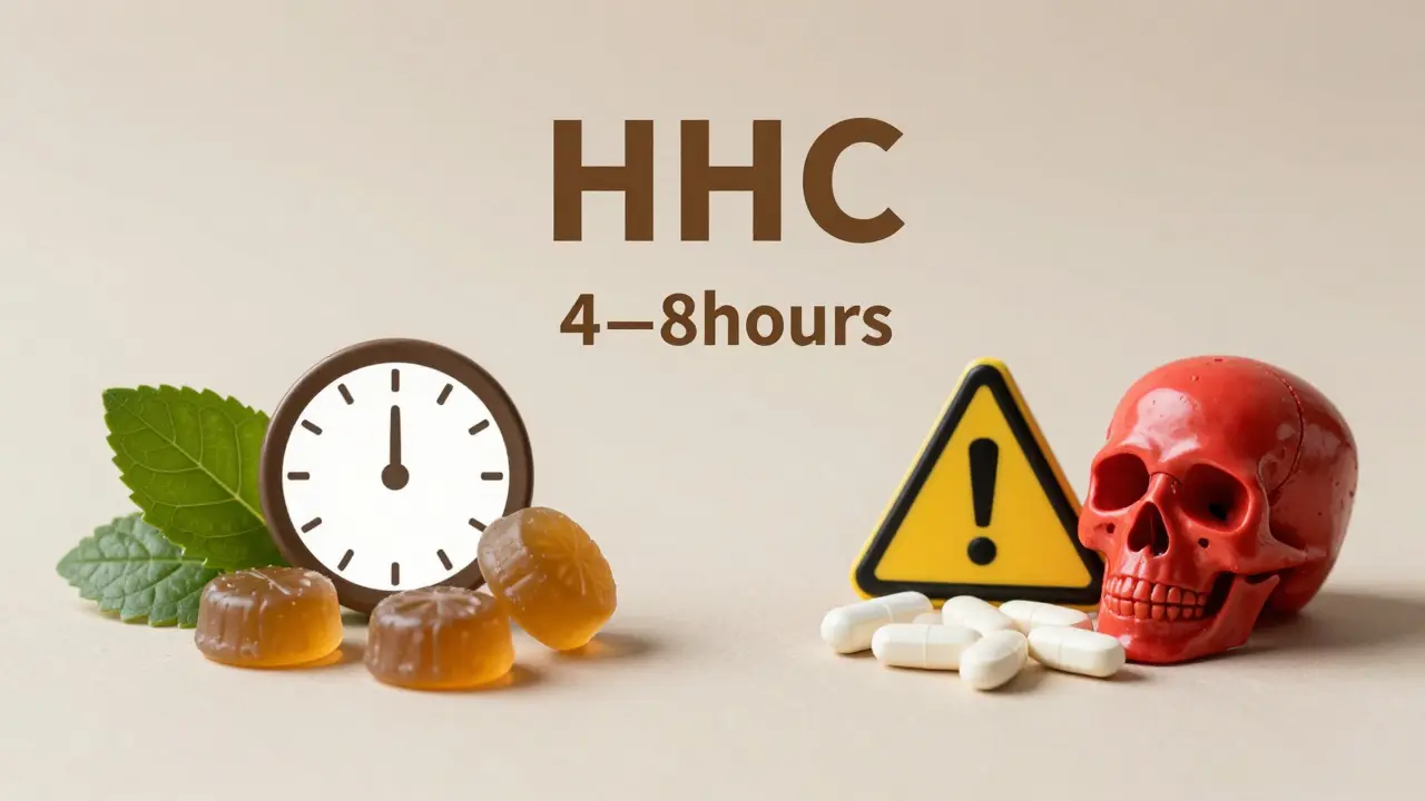 Waage mit HHC-Gummis gegenüber Opioiden — symbolischer Vergleich von Sicherheit und Risiko.