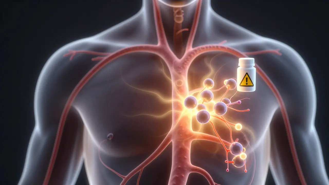 Wissenschaftliche Darstellung von CBD-Molekülen, die Blutgefäße entspannen, mit Warnsymbol für Wechselwirkungen.