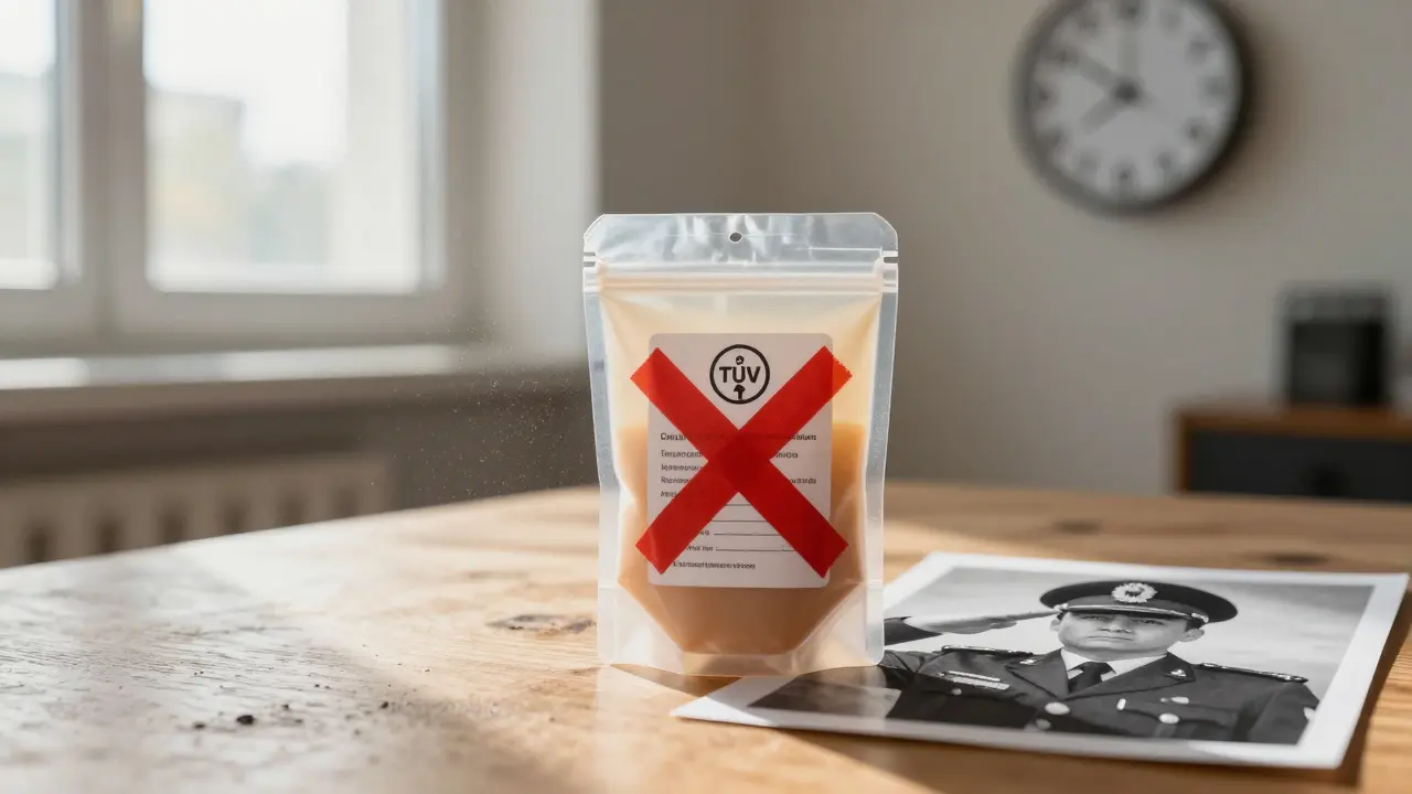 Zertifiziertes CBD-Produkt mit TÜV-Label, daneben Foto eines Beamten, mit rotem X.