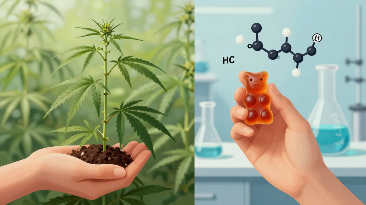 Zwei Hände: eine hält eine Hanfpflanze, die andere einen Gummibärchen neben einem Laborkolben.