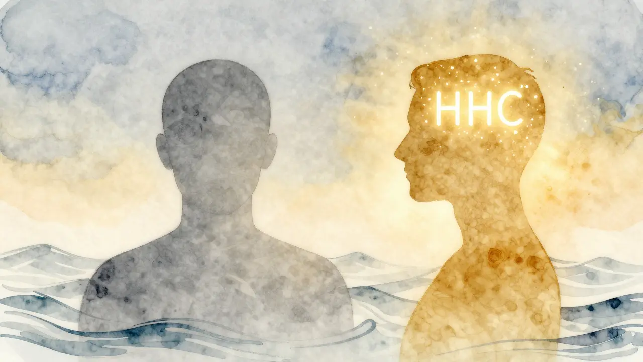 Zwei Silhouetten mit unterschiedlichen Lichtern, CBD ruhig, HHC leicht leuchtend.